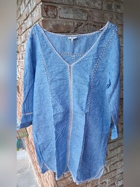 Joie Light Blue Linen Boho Tunic with Crochet Trim
